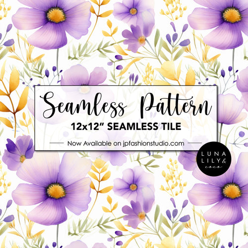 Watercolor Floral Seamless Pattern Tile, Floral Seamless Digital Pattern, Purple and Yellow flowers, Watercolor Seamless Pattern, Soft Watercolor Print, Watercolor Flowers, Seamless Repeat, Seamless Tile, Digital Paper, Instant Digital Download  - Repeating Pattern - 300 DPI Resolution
