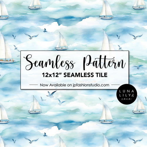 Nautical Seamless Pattern, Ocean seamless file, Watercolor Sailboats and Seagulls, Ship Print, Watercolor Nautical Pattern, Nautical Digital Pattern, Seamless Repeat, Seamless Tile, Digital Paper, Instant Digital Download  - Repeating Pattern - 300 DPI Resolution