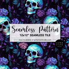 Load image into Gallery viewer, Halloween Skull Pattern, Creepy Halloween Seamless File, Floral Skull Seamless Pattern Tile, Repeating Pattern, Digital Download
