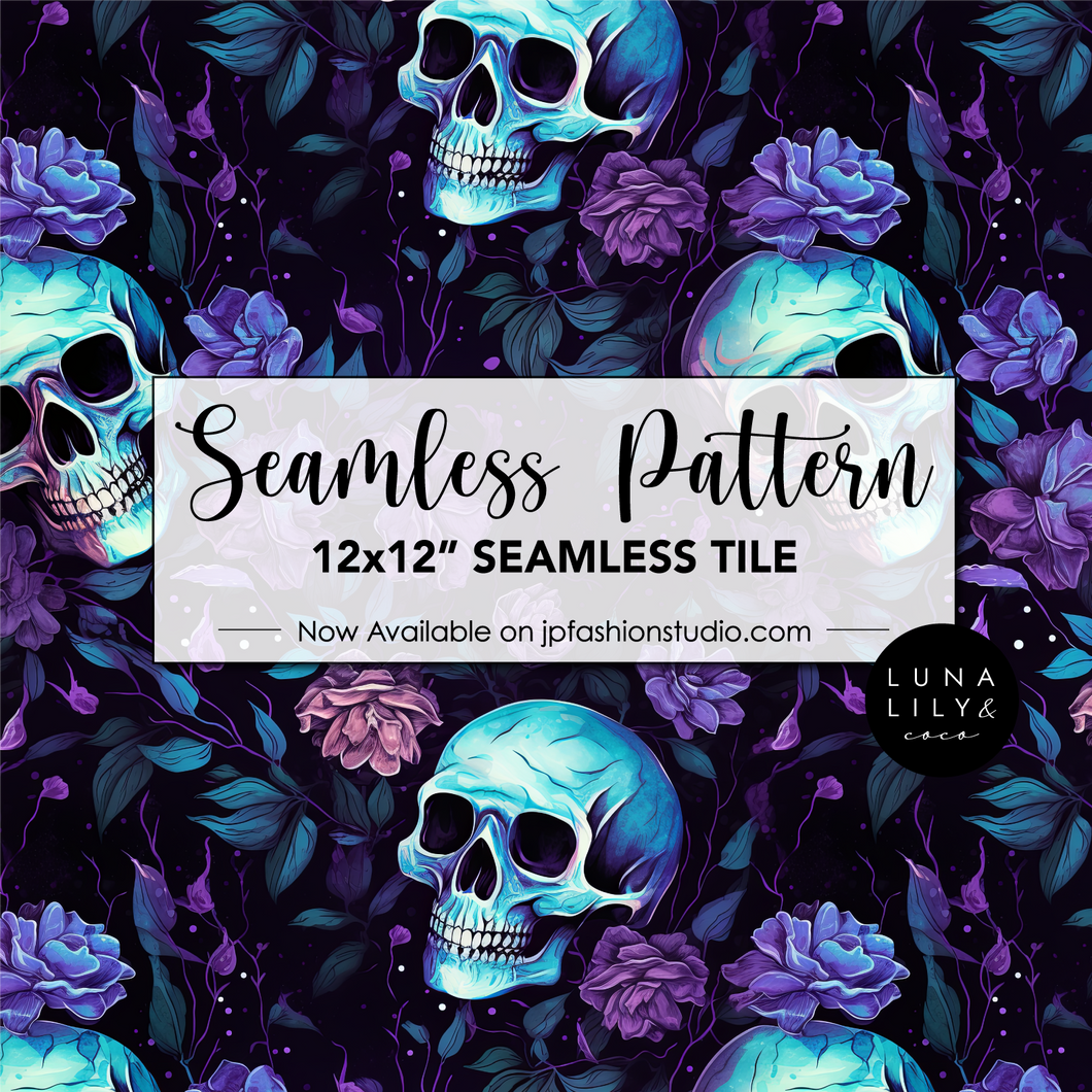 Halloween Skull Pattern, Creepy Halloween Seamless File, Floral Skull Seamless Pattern Tile, Repeating Pattern, Digital Download