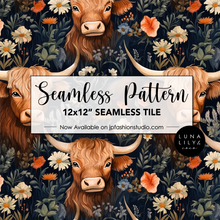 Load image into Gallery viewer, Highland Cow Floral Seamless Pattern Tile, Cow Seamless Tile, Cow Digital Pattern, Animal Seamless Pattern - Repeating Pattern - 300 DPI Resolution
