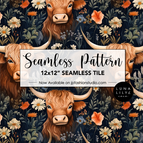 Highland Cow Floral Seamless Pattern Tile, Cow Seamless Tile, Cow Digital Pattern, Animal Seamless Pattern - Repeating Pattern - 300 DPI Resolution