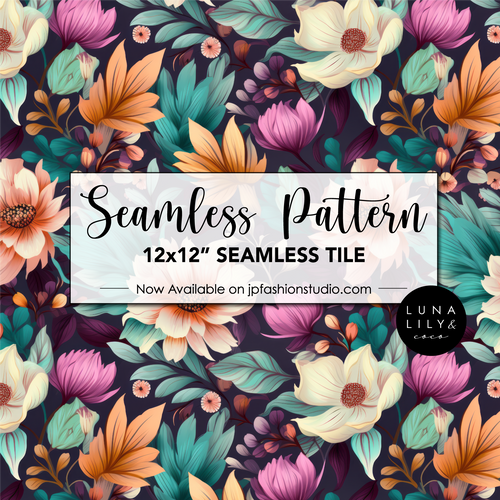 Floral Seamless Pattern Tile, Dark Background Floral Print, Flowers, Floral Seamless Digital Pattern, Purple Pink, Teal and Orange Flowers, Seamless Repeat, Seamless Tile, Digital Paper, Instant Digital Download  - Repeating Pattern - 300 DPI Resolution