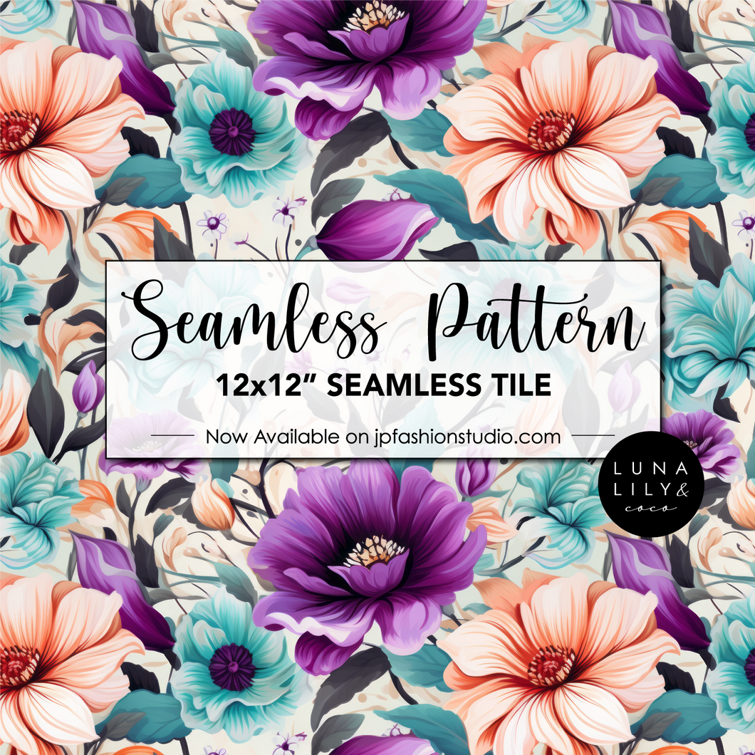 Abstract Floral Seamless Pattern Tile, Blue Purple and Orange Flowers, Repeating Pattern, Floral Seamless Digital Pattern, Commercial Use