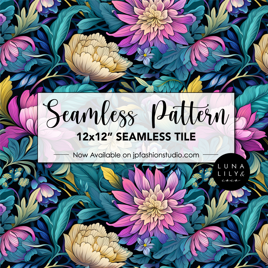 Colorful Floral Seamless Pattern Tile, Teal and Pink Flowers, Tropical Flowers, Exotic Flowers, Floral Seamless Digital Pattern, Seamless Repeat, Seamless Tile, Digital Paper, Instant Digital Download  - Repeating Pattern - 300 DPI Resolution