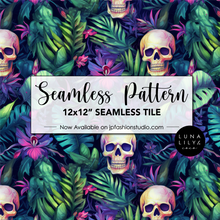 Load image into Gallery viewer, Floral Skull Seamless Pattern Tile, Halloween Skull Pattern, Creepy Halloween Seamless File, Tropical Flowers, Tropical Leaves, Colorful Floral Print, Digital Pattern, Commercial Use, Seamless Repeat, Seamless Tile, Digital Paper, Instant Digital Download  - Repeating Pattern - 300 DPI Resolution
