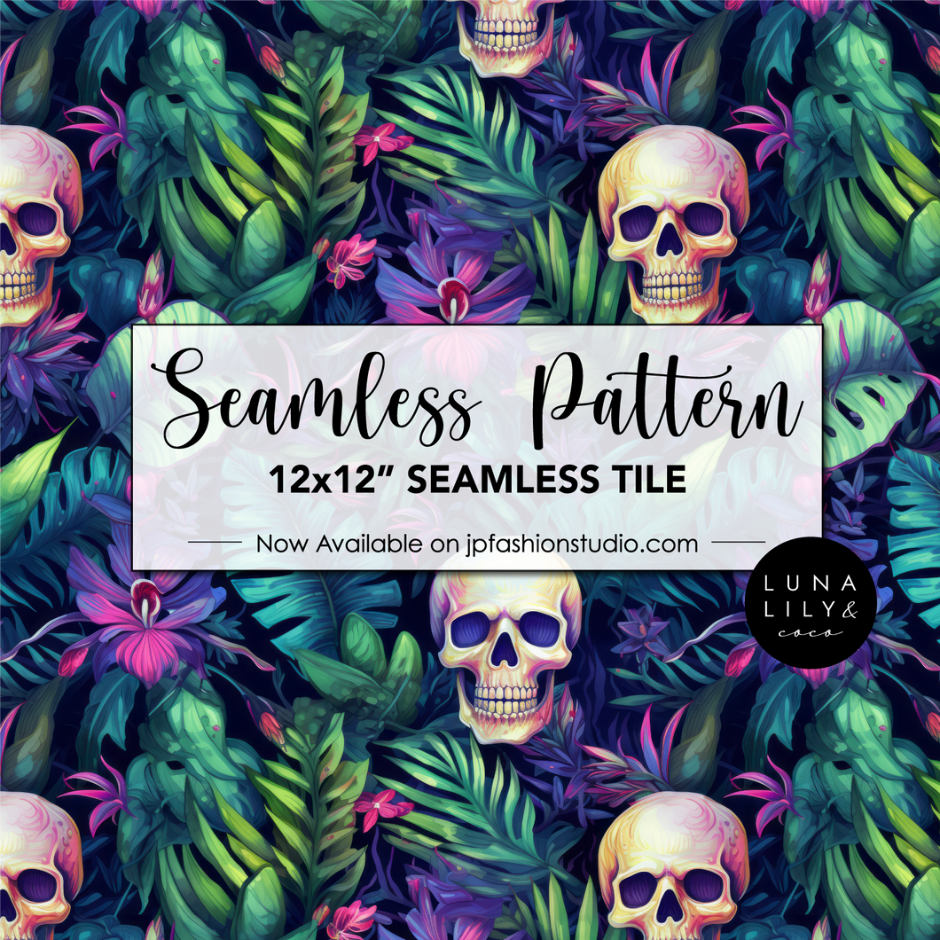 Floral Skull Seamless Pattern Tile, Halloween Skull Pattern, Creepy Halloween Seamless File, Tropical Flowers, Tropical Leaves, Colorful Floral Print, Digital Pattern, Commercial Use, Seamless Repeat, Seamless Tile, Digital Paper, Instant Digital Download  - Repeating Pattern - 300 DPI Resolution