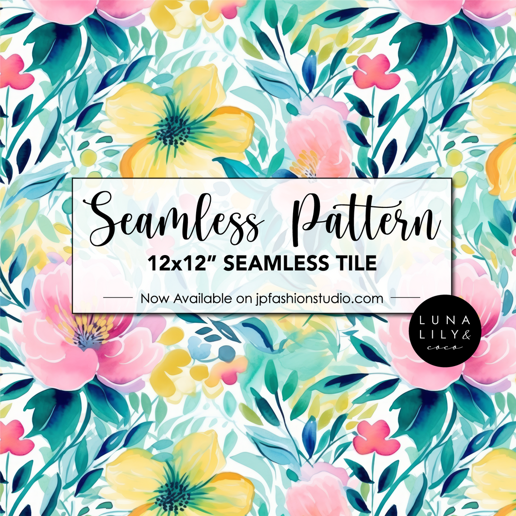 Abstract Floral Seamless Pattern Tile, Aquamarine Flowers, Yellow flowers, Pink Flowers, Floral Seamless Digital Pattern, Seamless Repeat, Seamless Tile, Digital Paper, Instant Digital Download  - Repeating Pattern - 300 DPI Resolution