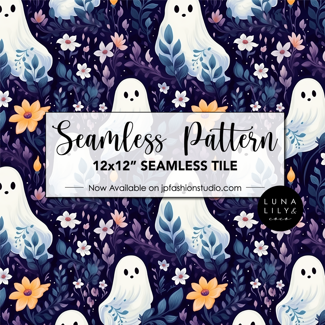 Halloween Ghost Pattern, Halloween Floral Seamless File, Floral Seamless Pattern Tile, Repeating Pattern, Digital Pattern, Commercial Use