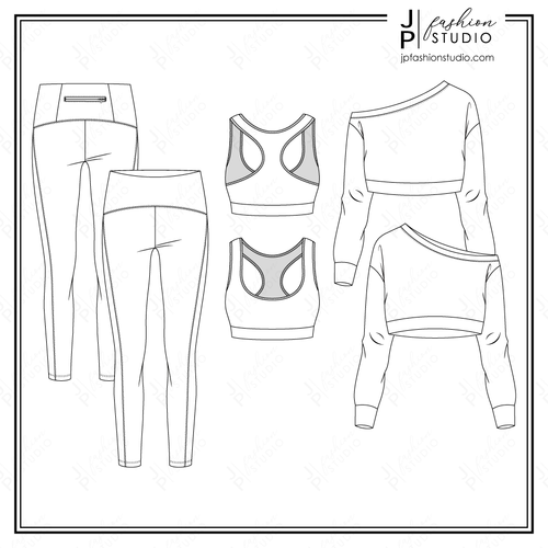 Women Activewear Outfit Sketches, Fashion Flat Sketches, Fashion Technical Drawings, Crop Off-Shoulder Sweatshirt sketch, Sports Bra sketch, Legging flat sketch, for Adobe Illustrator, Active clothing, Yoga outfit, athletic, fashion CADs
