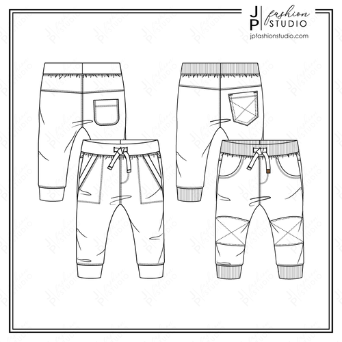 Baby Boys Sweatpants sketch, Fashion Flat Sketches, Kids Fashion Technical Drawings, Vector, Fashion Templates, Boys pants sketch
