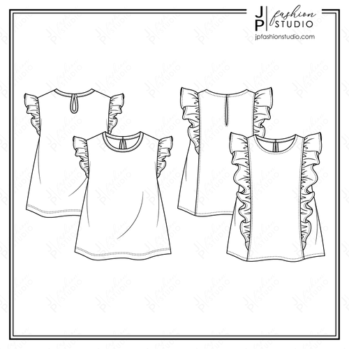 Baby Girls Frill Tops Sketches, Toddler Girls Ruffle Tops Fashion Flat Sketches, Kids Fashion Technical Drawings, Fashion CAD Designs for Adobe Illustrator, fashion figures