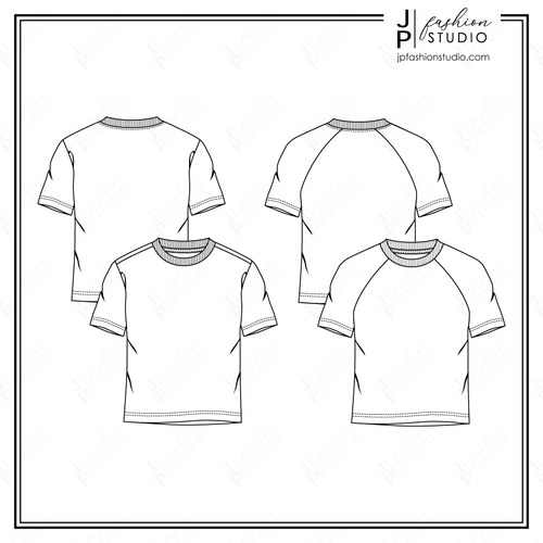 Boys T-Shirts Fashion Flat Sketches, Kids Technical drawings, Short Sleeves Tees, crew neck
