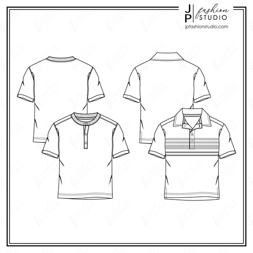 Boys Short Sleeves T-Shirts Sketches, Fashion Flat Sketches, Fashion technical drawings, Polo top, Henley top