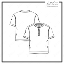 Load image into Gallery viewer, Boys Short Sleeves henley Top Sketch, Fashion Flat Sketches, Kids Fashion technical drawing, Buttoned up top
