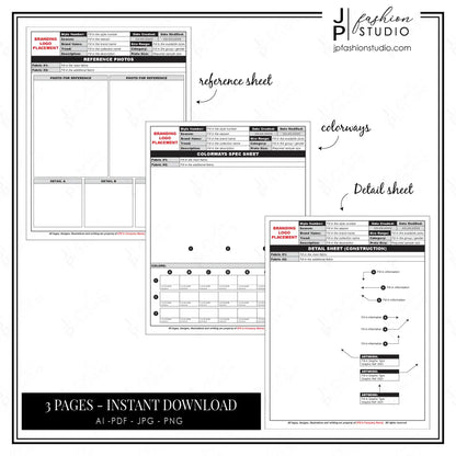 Tech pack template, Fashion template, editable, printable, fashion design, detail sheet, colorways
