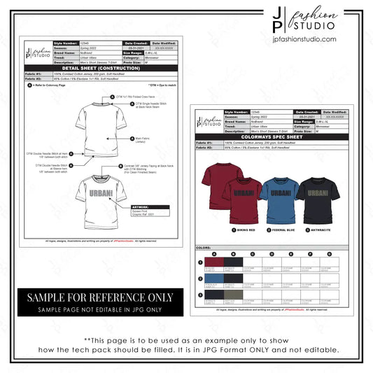 Tech pack template, Fashion template, editable, printable, fashion design, detail sheet, colorways