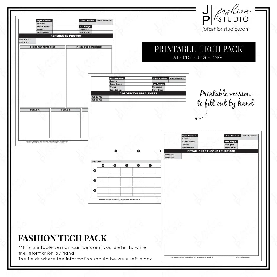 Tech pack template, Fashion template, editable, printable, fashion design, detail sheet, colorways