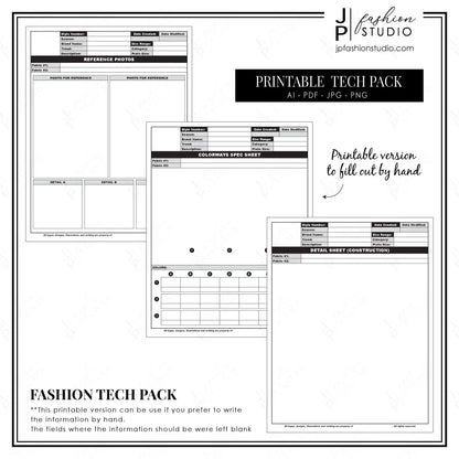 Tech pack template, Fashion template, editable, printable, fashion design, detail sheet, colorways
