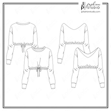 Load image into Gallery viewer, Women Crop Sweatshirts Sketches, Fashion Flat Sketches, Crop Tops Fashion Technical Drawings, Crew Neck, V-Neck, off shoulder top, elastic waist, fashion cad designs
