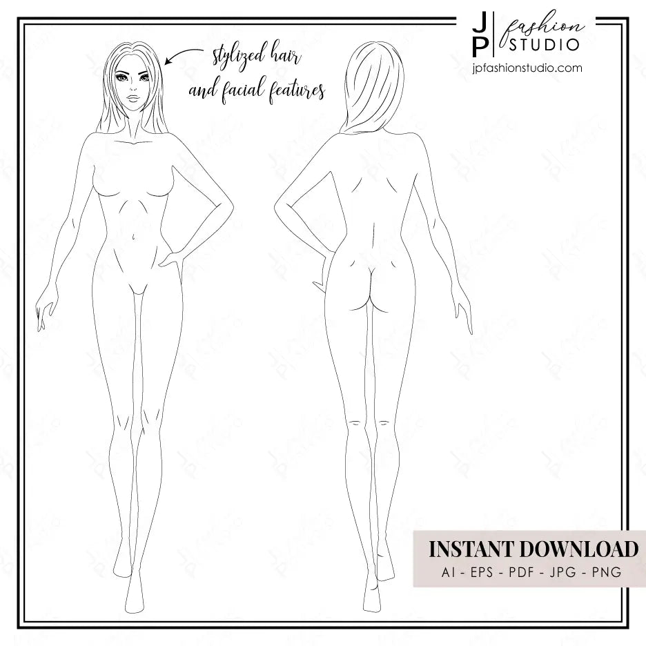Female FASHION FIGURE TEMPLATES, Realistic Stylized Female Body Figure, fashion croquis, procreate, adobe illustrator