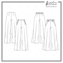 Load image into Gallery viewer, Women High Waist Pants Sketches, Sailor Pants Fashion Flat Sketches, Fashion Technical drawings, Wide Legs Pant, Flare pants, women&#39;s trousers

