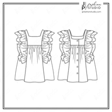 Load image into Gallery viewer, Girls Ruffle Blouse Sketch, Fashion Technical Drawing,  Peasant Top with Frill detail Fashion Flat Sketch, Children&#39;s Clothing Design, Fashion Cad Design template for Adobe Illustrator, kidswear fashion sketches, prairie top, garment design, fashion figure
