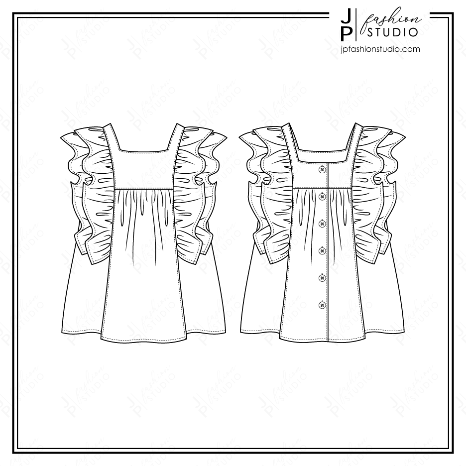 Girls Ruffle Blouse Sketch, Fashion Technical Drawing,  Peasant Top with Frill detail Fashion Flat Sketch, Children's Clothing Design, Fashion Cad Design template for Adobe Illustrator, kidswear fashion sketches, prairie top, garment design, fashion figure