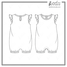 Load image into Gallery viewer, Baby Girls Romper Sketch, Kids Fashion Flat Sketches, One-Piece Technical Drawings, Fashion CAD Designs, romper with frills, baby girls jumpsuit, sleeper, bodysuit sketch
