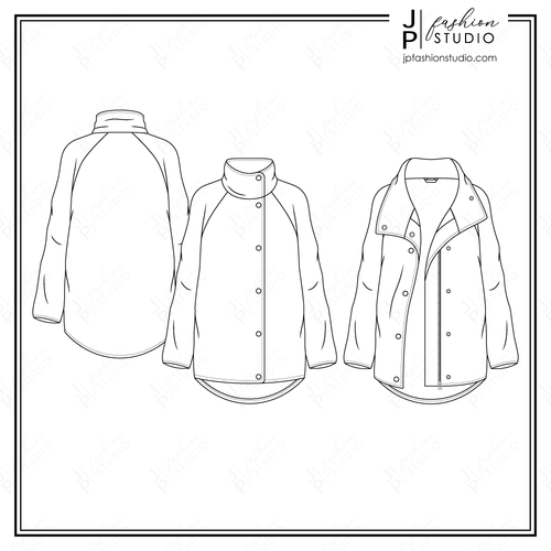 Women Jacket Fashion Flat Sketches, CAD Design, Outerwear Technical Drawing, Fashion Vector Template, Adobe Illustrator Templates, snap front  jacket, zipper closure