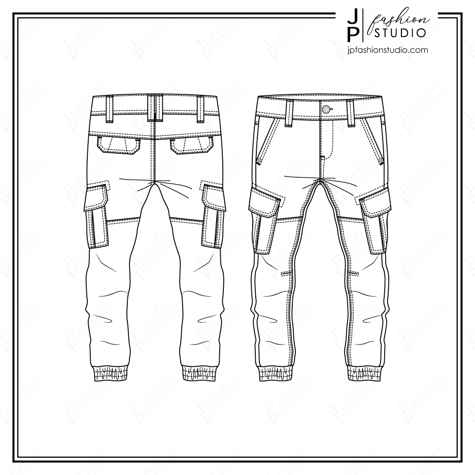 Jogger pant overall technical fashion flat sketch, apparel