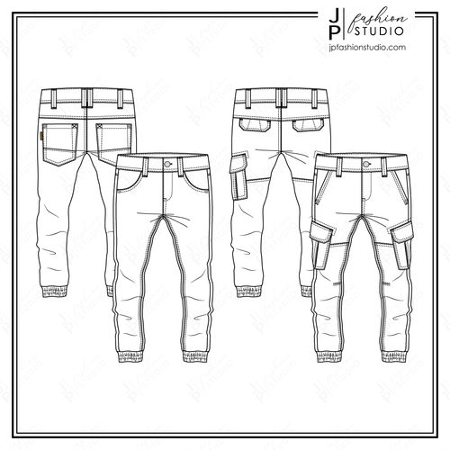 Men Jogger Pant sketches, Cargo pant, Fashion Flat Sketches, Pants Technical Drawings, Vector Fashion Templates, Boys pant sketch, Adobe Illustrator