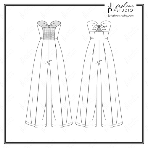 Women Wide Leg Bandeau Jumpsuit Technical Drawing, Tube Jumpsuit Fashion Flat Sketch, Fashion CAD design, Front Peekaboo with Bow Trim, smocking detail at back, strapless jumpsuit sketch
