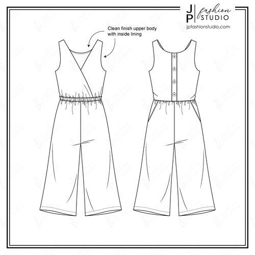 Girls Sleeveless Jumpsuit Technical Drawing, Cropped Wide Legs jumpsuit, Children's Clothing sketch, Kids Fashion Flats, Girls fashion Cad Design, vector fashion template for Adobe Illustrator, fashion croquis, kids jumpsuit design