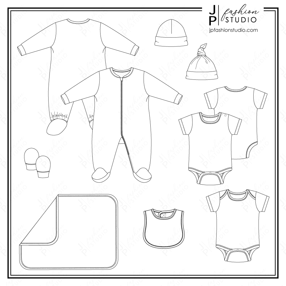 Baby Layette Sleepwear Fashion Flat Sketches / Fashion Technical Drawings Templates / Fashion design sketch bundle