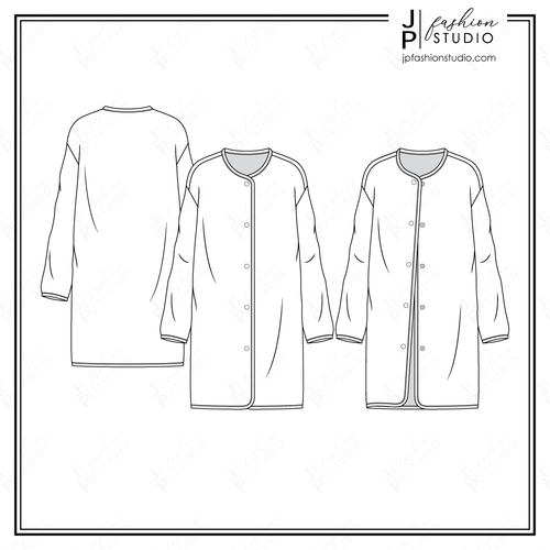 Women's Long Overcoat Fashion Flat Sketch, Fashion Technical Drawing Template, Fashion Cad design,  Women's Jacket Fashion Line Art Design for Adobe Illustrator