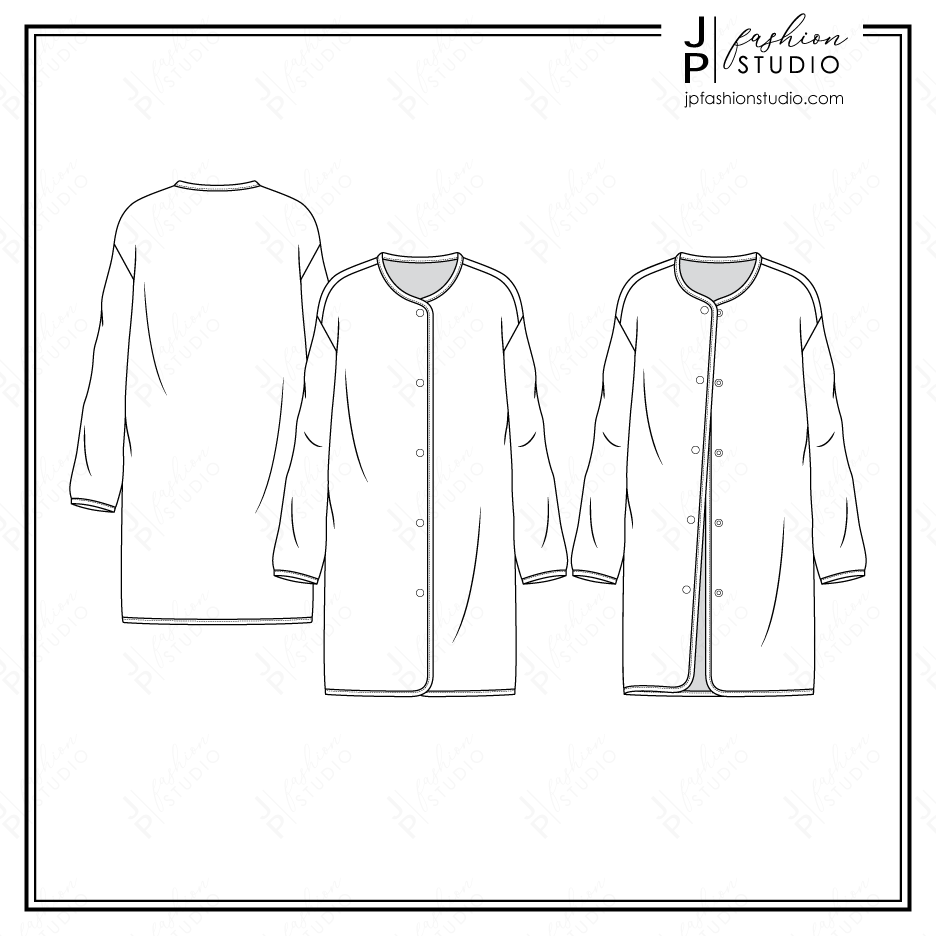 Women's Long Overcoat Fashion Flat Sketch, Fashion Technical Drawing Template, Fashion Cad design,  Women's Jacket Fashion Line Art Design for Adobe Illustrator