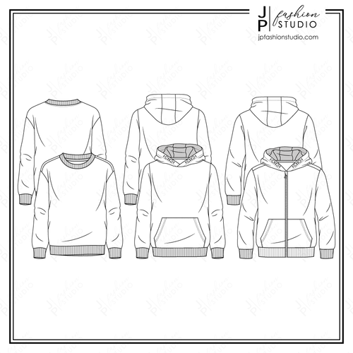 Men Sweatshirts Technical drawings, Older Boys Fashion Flat Sketches, Fashion CAD designs, Crew Neck Pullover Top Sketch, Hoodie Sketch, for Adobe Illustrator