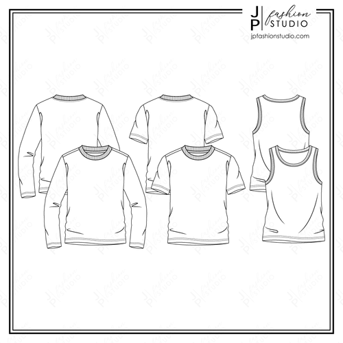 Men Tops sketch, Older Boys Fashion Flat Sketches, Fashion Technical drawings, Long Sleeve Top Sketch, Short Sleeve T-shirt sketch, Tank Top Camisole sketch, sleeveless