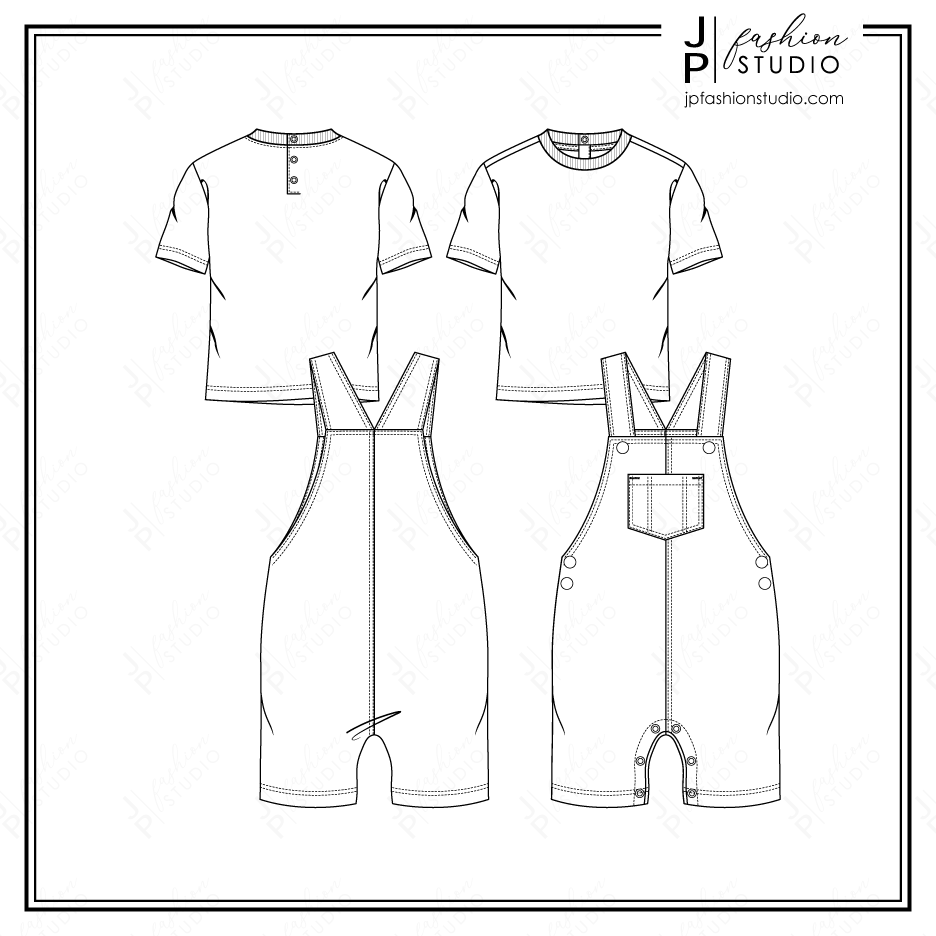 Baby Boys 2 pieces Overall and T-Shirt Set Fashion Flat Sketches, Kids Fashion Technical Drawings, Vector Fashion Templates for Adobe Illustrator, Toddler Boys Jumpsuit sketch