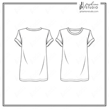 Load image into Gallery viewer, Women&#39;s T-Shirt Fashion Flat Sketch, Short Sleeves Tunic Tops Fashion Technical Drawing, Padded Shoulders top, Oversized T-shirt sketch
