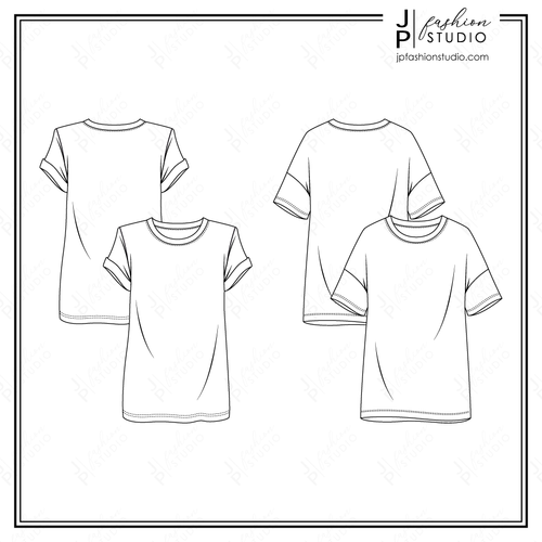 Women's T-Shirts Fashion Flat Sketches, Short Sleeves Tunic Tops Fashion Technical Drawings, Drop Shoulders Tee, Padded Shoulders top, Oversized T-shirt sketch