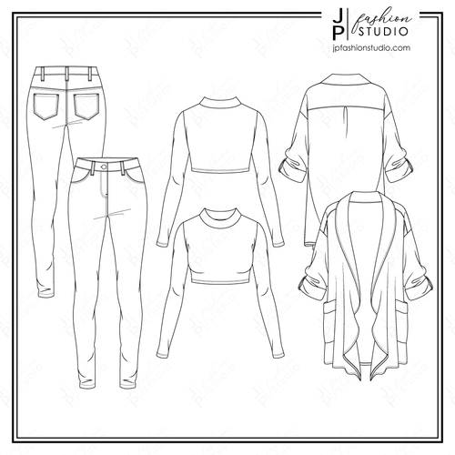 Women Casual Outfit Sketches, 3 pieces set, Fashion Flat Sketches, Fall Outfit Fashion Technical Drawings, Long Sleeves Crop Top with Mock Neck, Stretch Pant, Open Jacket, fashion design sketches, fashion figures