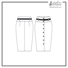 Load image into Gallery viewer, Women Pencil Skirts Sketches, Fashion Flat Sketches, Skirts Technical Drawings for Adobe Illustrator, belted skirt, fitted skirt
