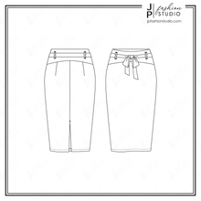 Load image into Gallery viewer, Women Pencil Skirts Sketches, Fashion Flat Sketches, Skirts Technical Drawings for Adobe Illustrator, fitted skirt, belted skirt, high waist skirt
