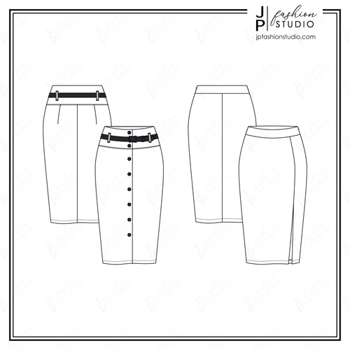 Women Pencil Skirts Sketches, Fashion Flat Sketches, Skirts Technical Drawings for Adobe Illustrator, belted skirt, fitted skirt, knit skirt with front slit