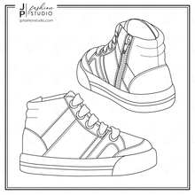 Load image into Gallery viewer, baby boys sneakers sketch, kids running shoes, fashion flat sketch, fashion croquis, fashion technical drawing, vector kids shoes
