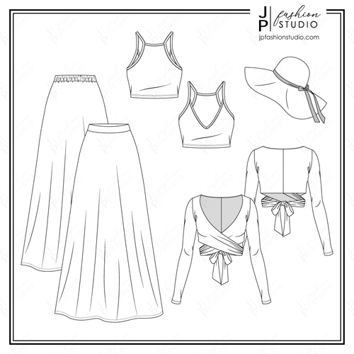 Women Summer Casual Outfit Fashion Flat Sketches, Fashion Technical Drawings, Crop Tank Top and Long Sleeves Wrap Top, Maxi Skirt, Wide Brim Hat, Women Fashion CAD design for Adobe Illustrator