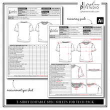 Load image into Gallery viewer, Spec Sheets templates, T-shirts Tech Pack, apparel industry fashion designing, fashion CAD, sewing guide, design templates, Editable spec sheets, Printable templates, fashion forms, measuring chart, apparel templates, fashion technical drawing
