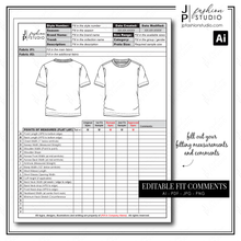 Load image into Gallery viewer, Spec Sheets templates, T-shirts Tech Pack, apparel industry fashion designing, fashion CAD, sewing guide, design templates, Editable spec sheets, Printable templates, fashion forms, measuring chart, apparel templates, fashion technical drawing
